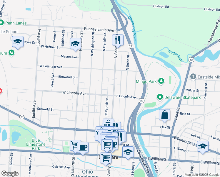 map of restaurants, bars, coffee shops, grocery stores, and more near 248 North Sandusky Street in Delaware
