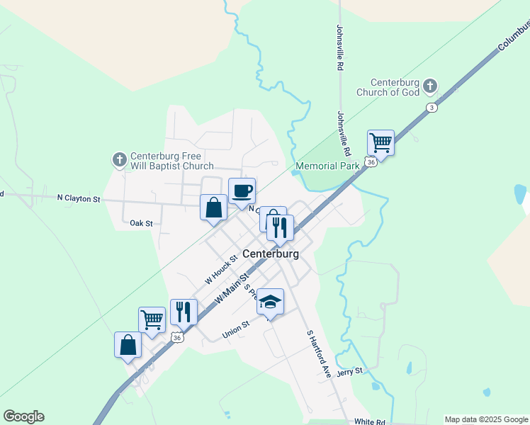 map of restaurants, bars, coffee shops, grocery stores, and more near 76 North Clayton Street in Centerburg