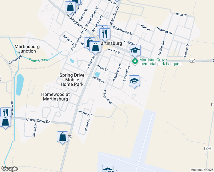 map of restaurants, bars, coffee shops, grocery stores, and more near 204 Spring Street in Martinsburg