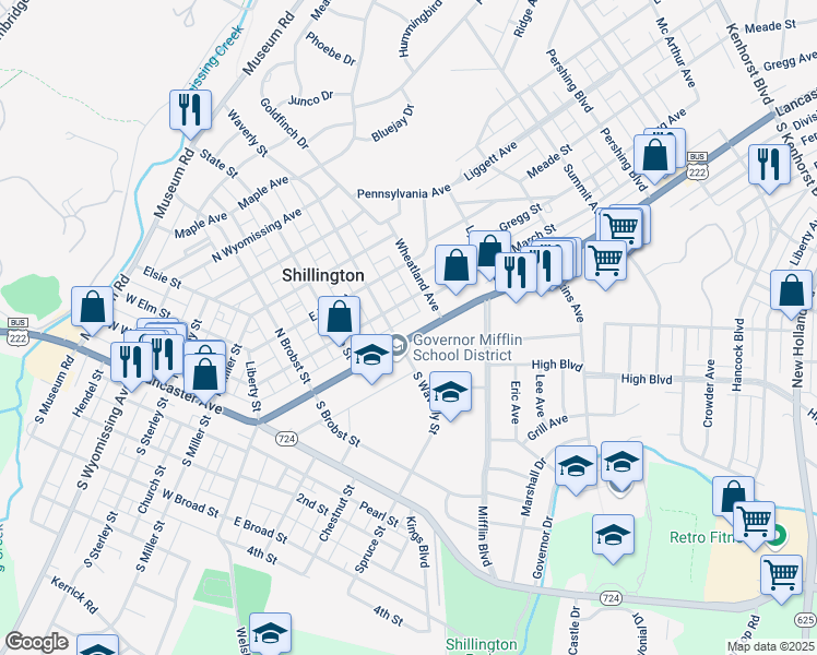 map of restaurants, bars, coffee shops, grocery stores, and more near 321 Lancaster Avenue in Reading