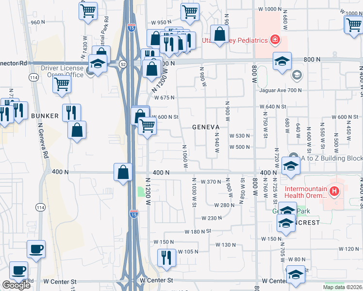 map of restaurants, bars, coffee shops, grocery stores, and more near 1077 West 500 North in Orem