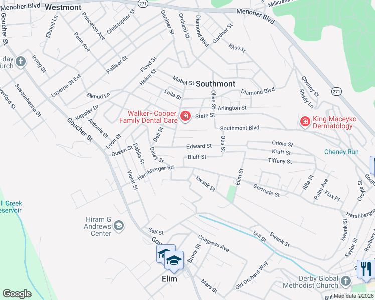 map of restaurants, bars, coffee shops, grocery stores, and more near 548 Edward Street in Johnstown