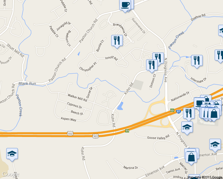 map of restaurants, bars, coffee shops, grocery stores, and more near 236 Fawn Ridge North in Harrisburg