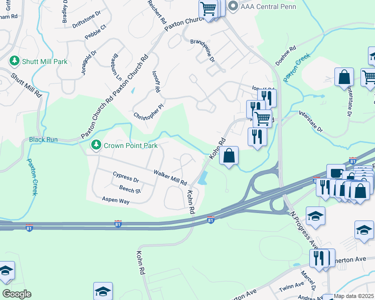 map of restaurants, bars, coffee shops, grocery stores, and more near 236 Fawn Ridge North in Harrisburg
