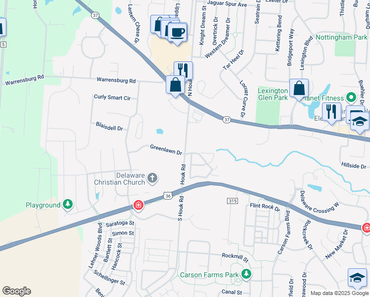 map of restaurants, bars, coffee shops, grocery stores, and more near Houk Road in Delaware