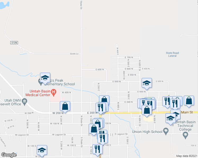 map of restaurants, bars, coffee shops, grocery stores, and more near 183 East 500 North in Roosevelt
