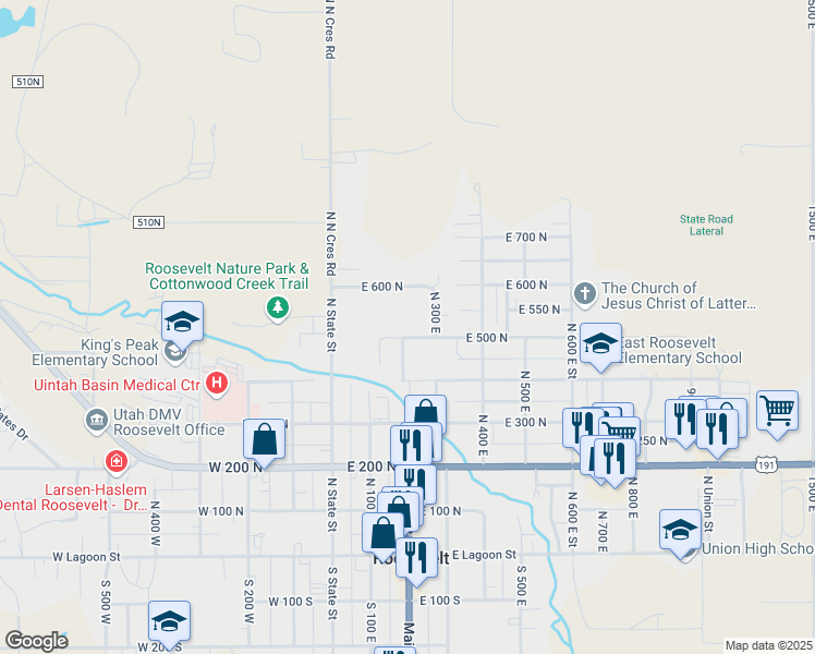 map of restaurants, bars, coffee shops, grocery stores, and more near 187 East 500 North in Roosevelt