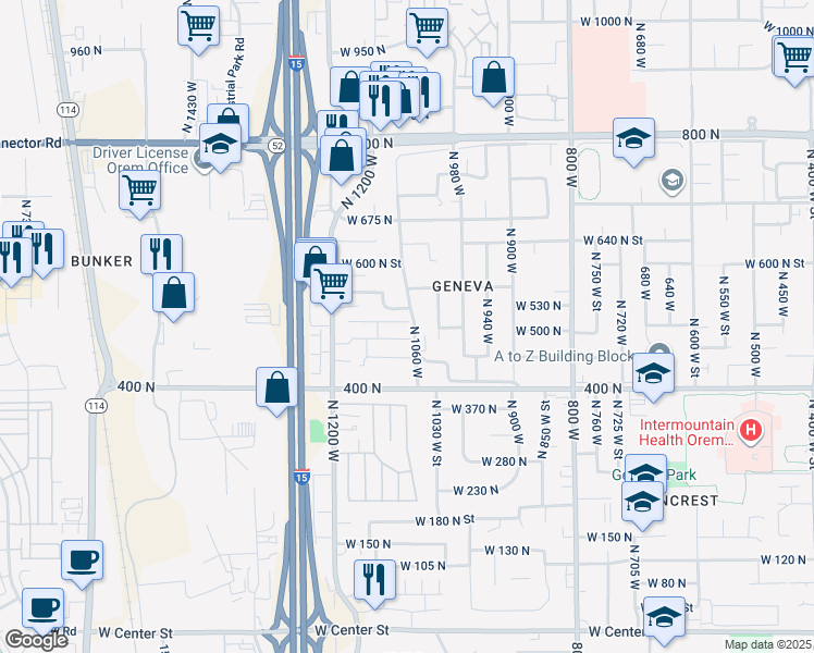 map of restaurants, bars, coffee shops, grocery stores, and more near 1077 West 500 North in Orem