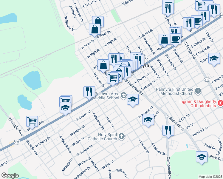 map of restaurants, bars, coffee shops, grocery stores, and more near 112 West Main Street in Palmyra