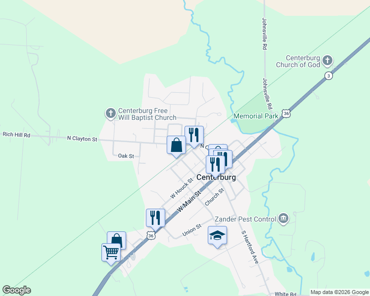 map of restaurants, bars, coffee shops, grocery stores, and more near 231-241 N Clayton St in Centerburg