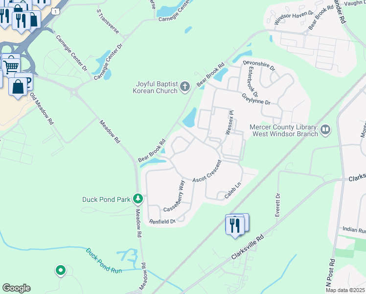 map of restaurants, bars, coffee shops, grocery stores, and more near 5 Nestlewood Way in Princeton