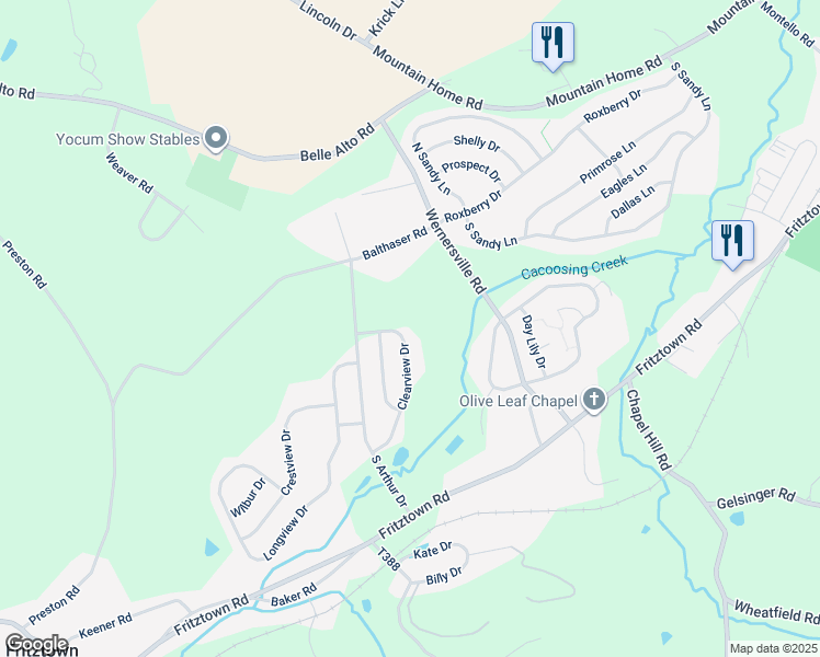 map of restaurants, bars, coffee shops, grocery stores, and more near 102 Clearview Drive in Sinking Spring