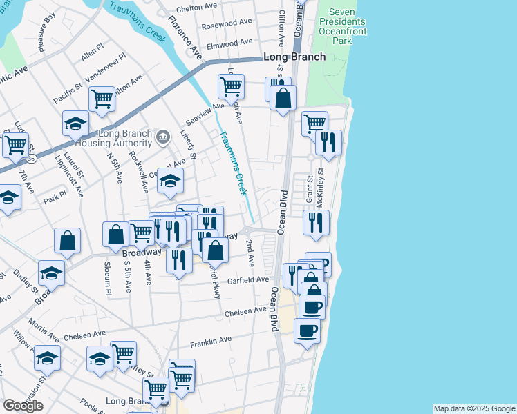 map of restaurants, bars, coffee shops, grocery stores, and more near 13 Long Branch Avenue in Long Branch