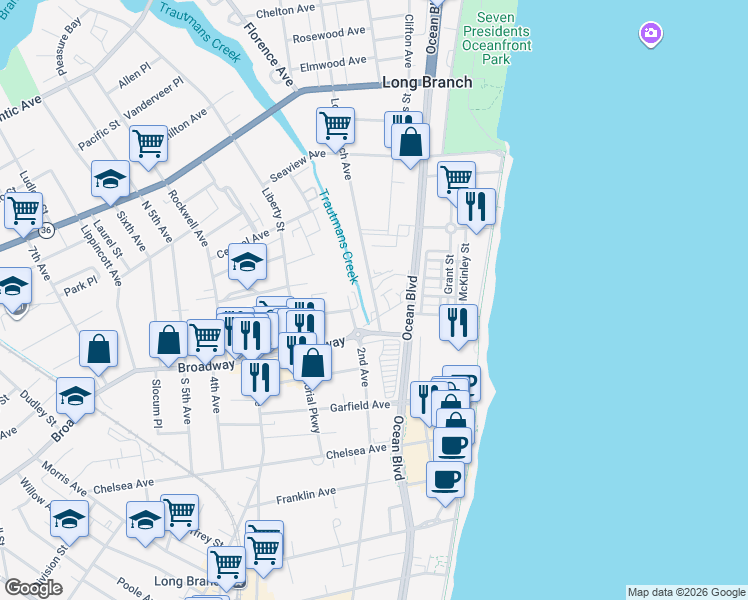 map of restaurants, bars, coffee shops, grocery stores, and more near 8 Long Branch Avenue in Long Branch