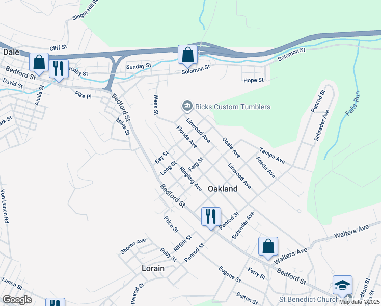 map of restaurants, bars, coffee shops, grocery stores, and more near 600-698 Long St in Johnstown