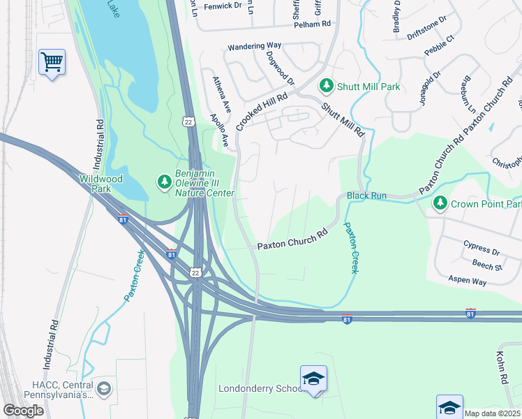 map of restaurants, bars, coffee shops, grocery stores, and more near 2832 Rose Hill Road in Harrisburg