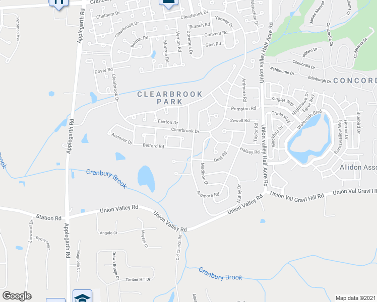 map of restaurants, bars, coffee shops, grocery stores, and more near 527A Belford Road in Monroe Township