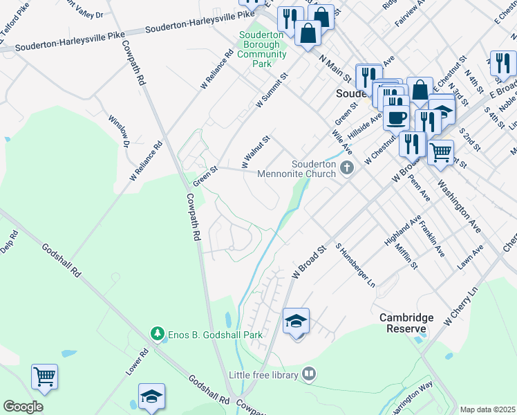 map of restaurants, bars, coffee shops, grocery stores, and more near 285 Parkview Drive in Souderton