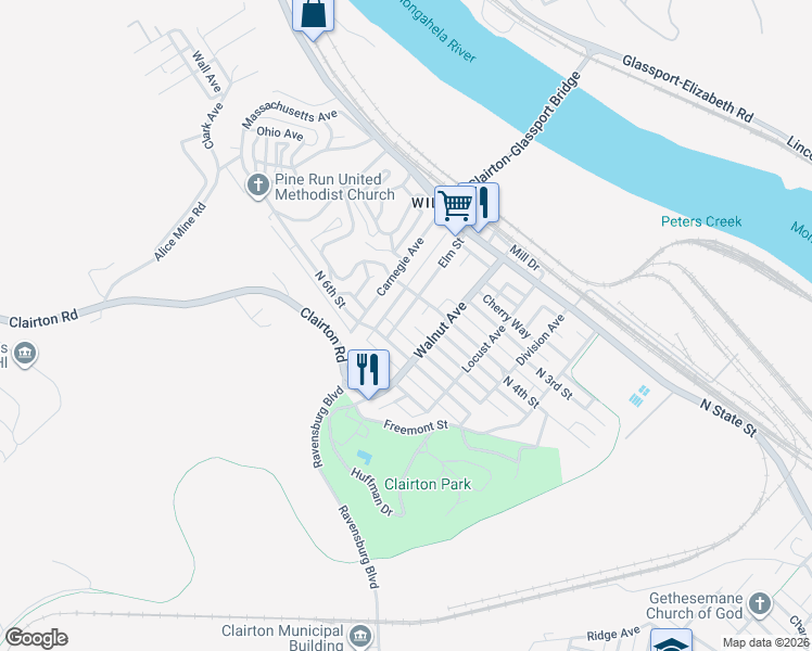map of restaurants, bars, coffee shops, grocery stores, and more near 503 Elm St in Clairton