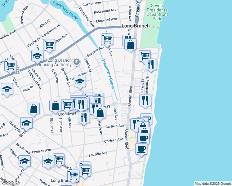 map of restaurants, bars, coffee shops, grocery stores, and more near 16 Long Branch Avenue in Long Branch
