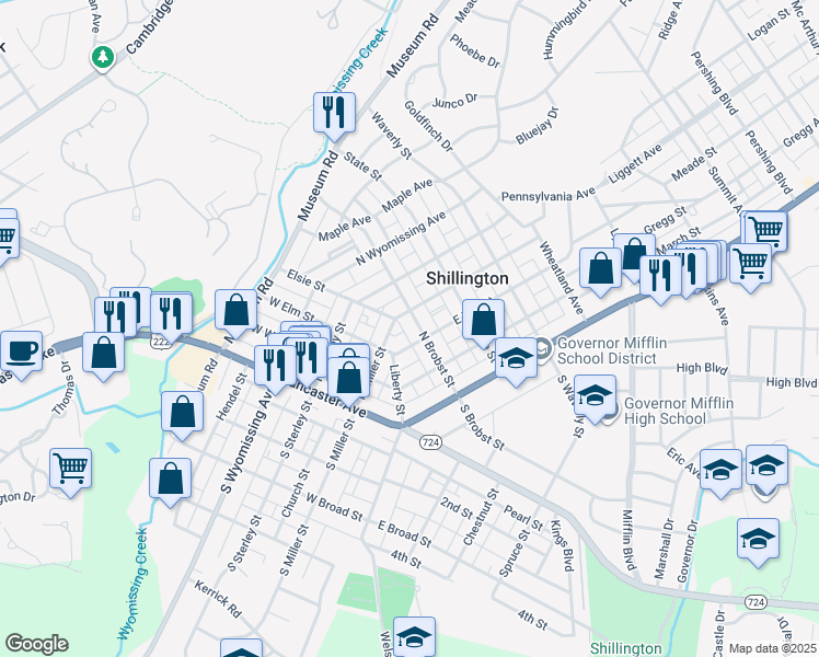 map of restaurants, bars, coffee shops, grocery stores, and more near 210 North Brobst Street in Shillington