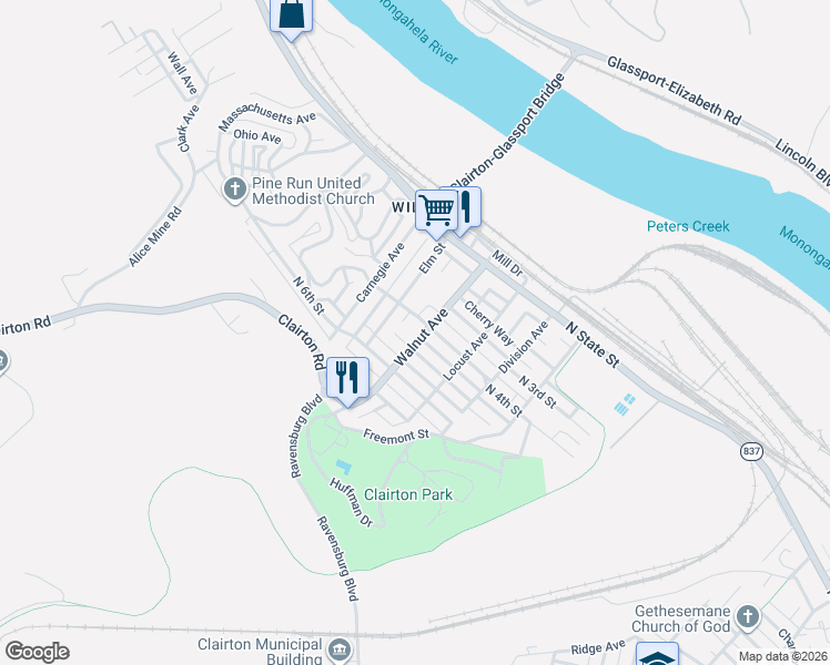 map of restaurants, bars, coffee shops, grocery stores, and more near 406 Walnut Avenue in Clairton