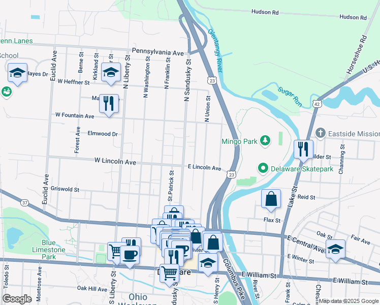 map of restaurants, bars, coffee shops, grocery stores, and more near 248 North Sandusky Street in Delaware