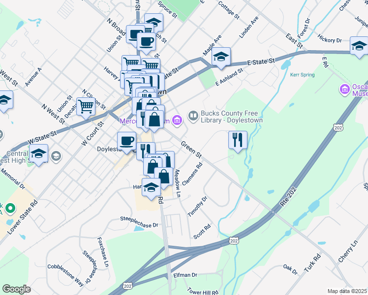 map of restaurants, bars, coffee shops, grocery stores, and more near 218 Green Street in Doylestown