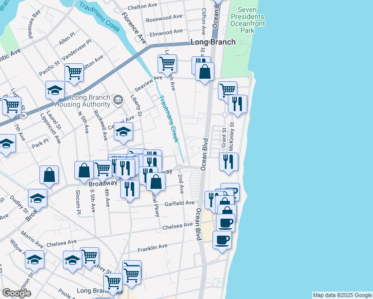 map of restaurants, bars, coffee shops, grocery stores, and more near 10 Long Branch Avenue in Long Branch