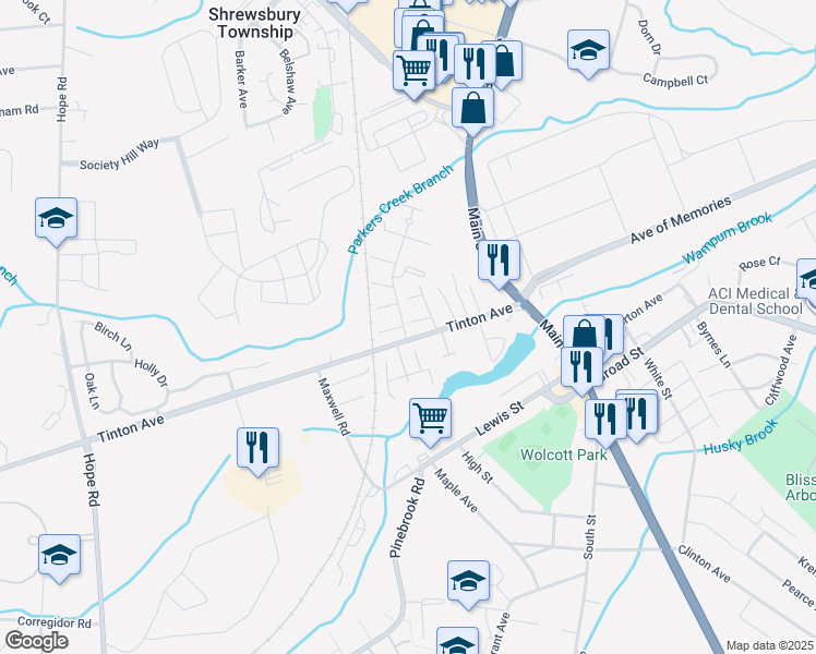 map of restaurants, bars, coffee shops, grocery stores, and more near 1 Country Club Road in Eatontown