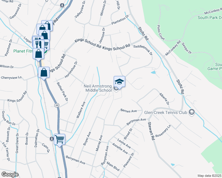 map of restaurants, bars, coffee shops, grocery stores, and more near 5800 Murray Avenue in Bethel Park
