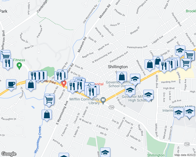 map of restaurants, bars, coffee shops, grocery stores, and more near 218 North Miller Street in Shillington