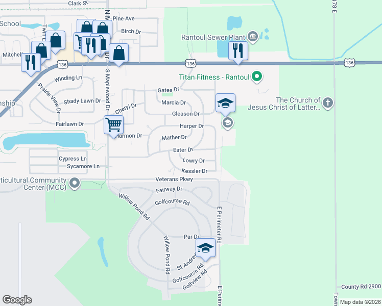 map of restaurants, bars, coffee shops, grocery stores, and more near 1612 Eater Dr in Rantoul