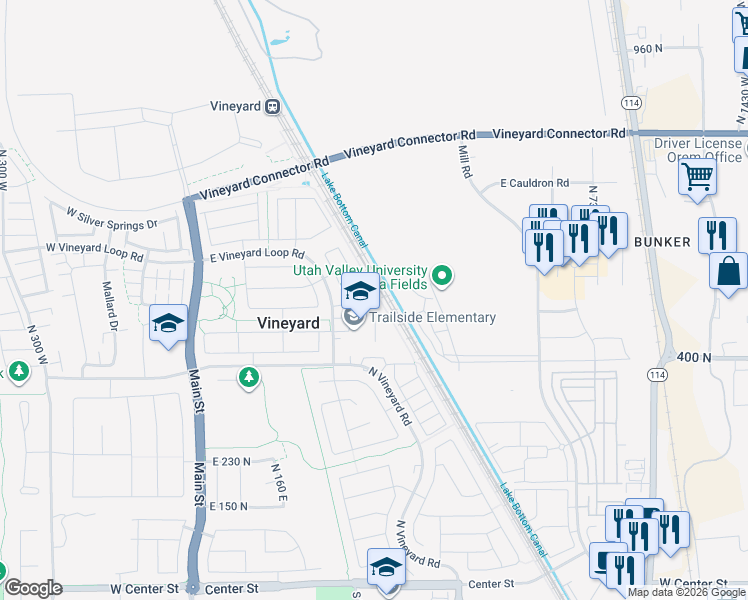 map of restaurants, bars, coffee shops, grocery stores, and more near 508 North 290 East in Vineyard