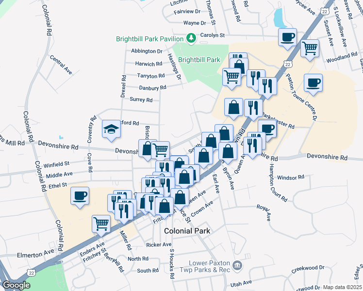 map of restaurants, bars, coffee shops, grocery stores, and more near 4813 Devonshire Road in Harrisburg