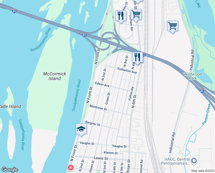 map of restaurants, bars, coffee shops, grocery stores, and more near 3600 Green Street in Harrisburg