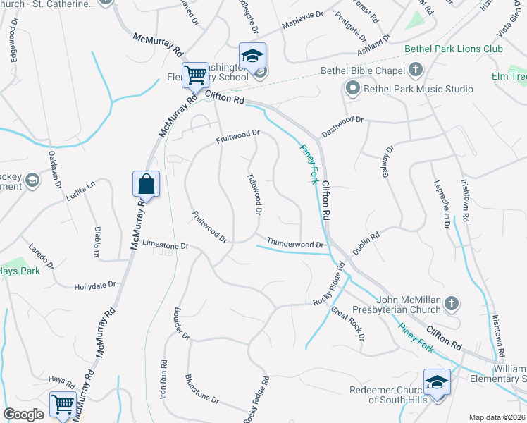 map of restaurants, bars, coffee shops, grocery stores, and more near 1202 Tidewood Drive in Bethel Park