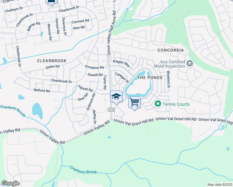 map of restaurants, bars, coffee shops, grocery stores, and more near 106 Blackbird Drive in Monroe Township
