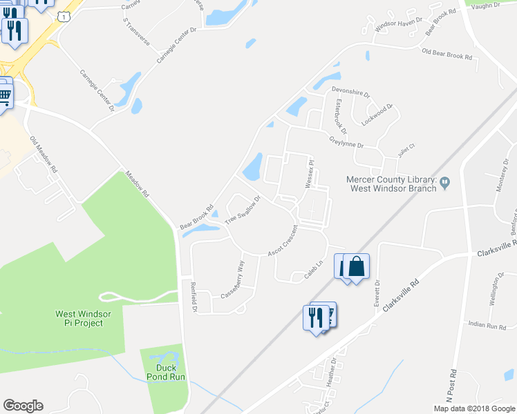 map of restaurants, bars, coffee shops, grocery stores, and more near 11 Tree Swallow Drive in Princeton