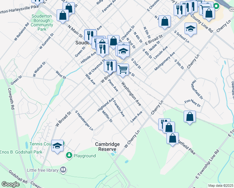 map of restaurants, bars, coffee shops, grocery stores, and more near 60 Penn Ave in Souderton