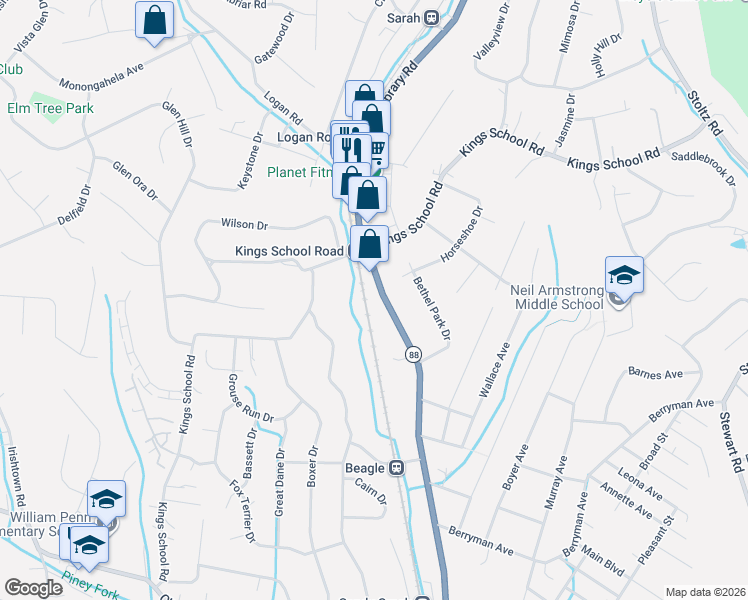 map of restaurants, bars, coffee shops, grocery stores, and more near 5940 Library Road in Bethel Park