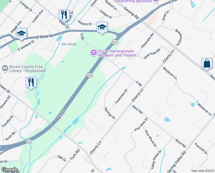 map of restaurants, bars, coffee shops, grocery stores, and more near 42 Springs Drive in Doylestown