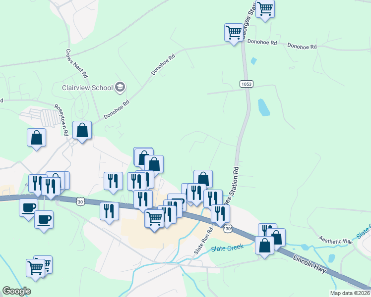 map of restaurants, bars, coffee shops, grocery stores, and more near 152 Twin Run Road in Greensburg