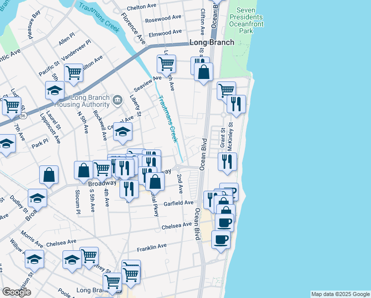 map of restaurants, bars, coffee shops, grocery stores, and more near 12 Long Branch Avenue in Long Branch
