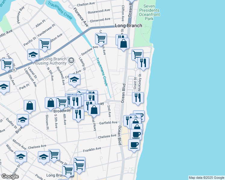 map of restaurants, bars, coffee shops, grocery stores, and more near 12 Long Branch Avenue in Long Branch