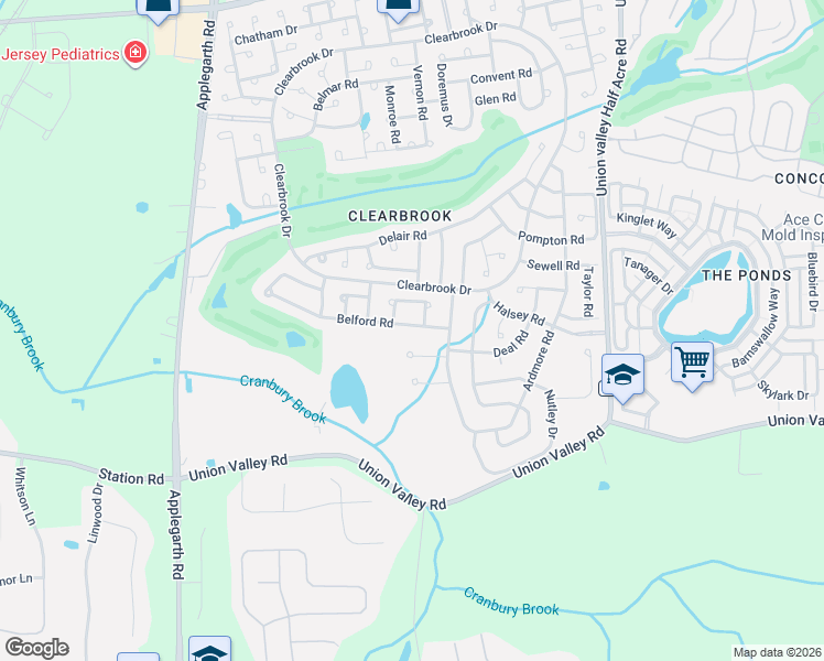 map of restaurants, bars, coffee shops, grocery stores, and more near 525 Belford Road in Monroe Township