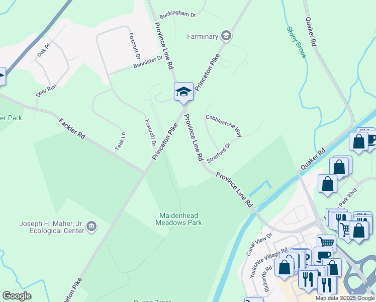 map of restaurants, bars, coffee shops, grocery stores, and more near 4340 Province Line Road in Princeton