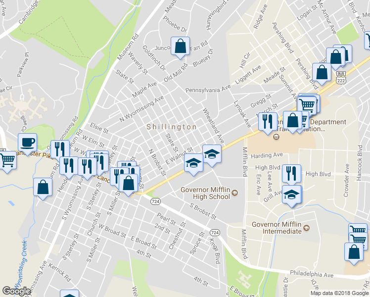 map of restaurants, bars, coffee shops, grocery stores, and more near 219 East Walnut Street in Shillington