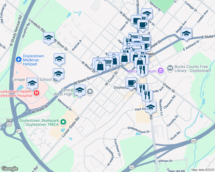 map of restaurants, bars, coffee shops, grocery stores, and more near 70 South West Street in Doylestown