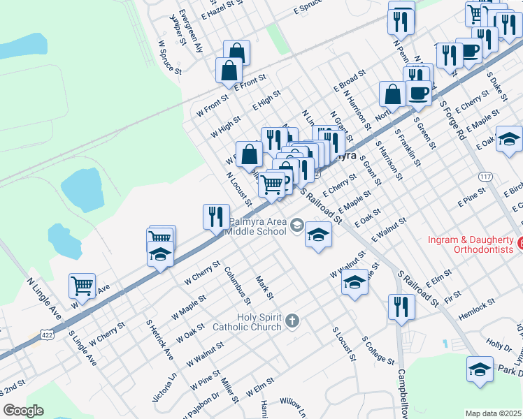 map of restaurants, bars, coffee shops, grocery stores, and more near 120 West Main Street in Palmyra
